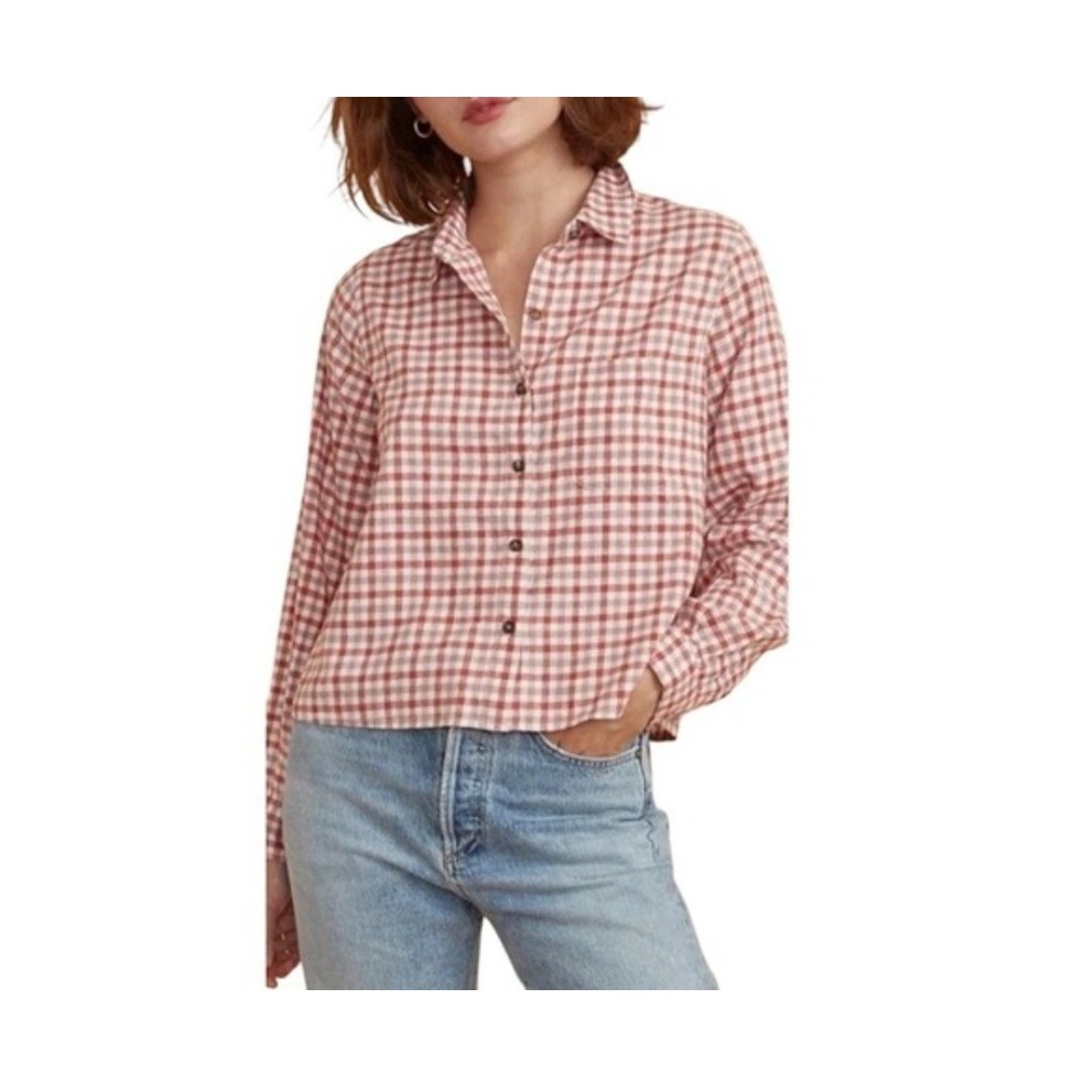 Marine Layer Long Crop Button Down Shirt Multi Mini Plaid Red Gingham Small NEW